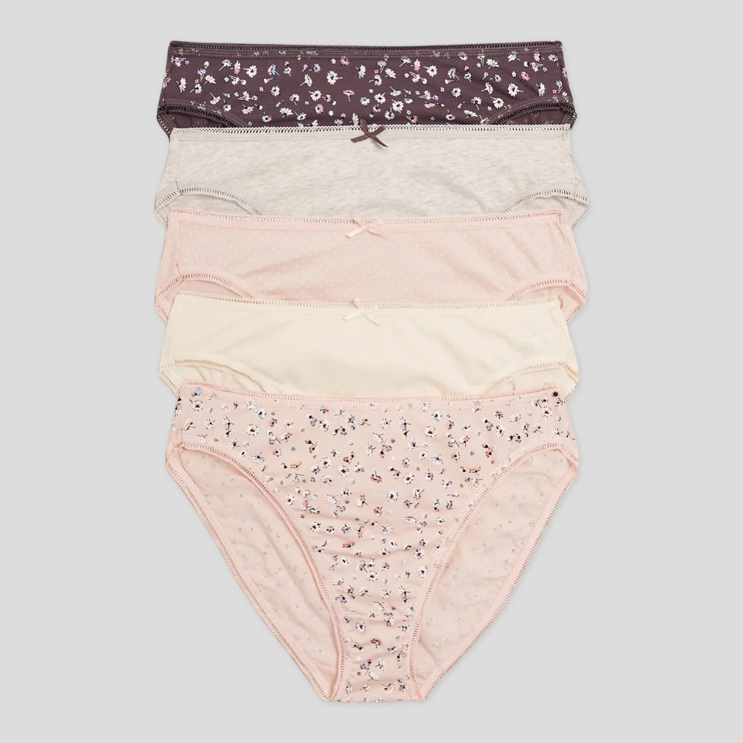 5 pack Cotton Lycra Daisy Print Bikini High Leg Knickers